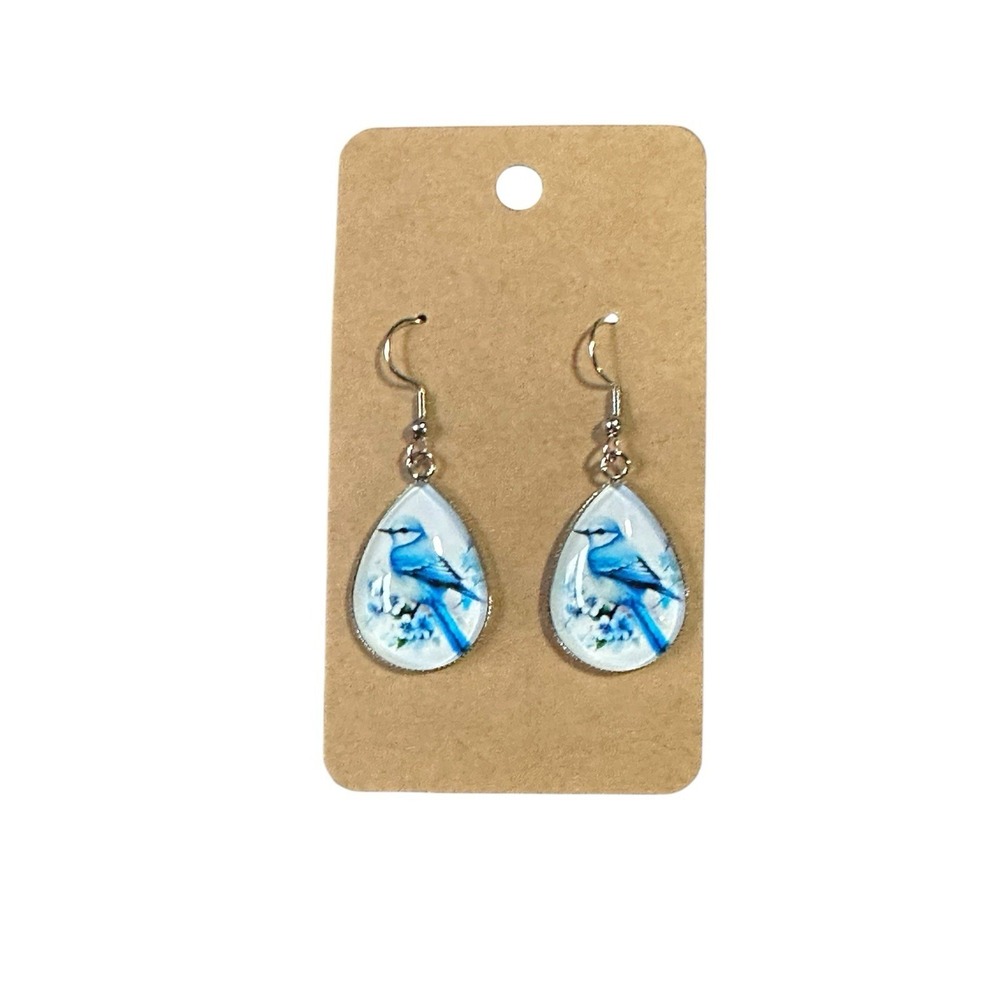 Blue Jay Bird Teardrop Earrings Silver Tone Nature Jewelry Cottagecore‎ Dangle